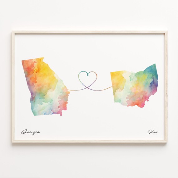 Georgia to Ohio Watercolor State Map Heart Connection Long Distance Love Print
