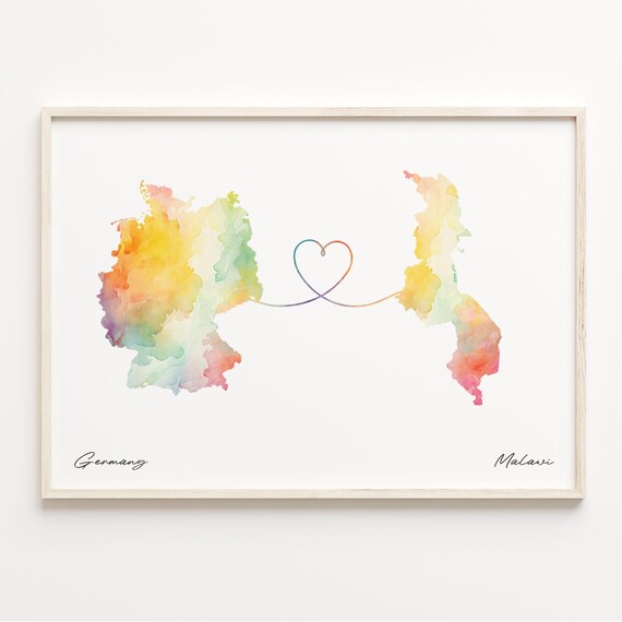 Germany To Malawi Watercolor Map Linked By A Heart Line Poster
