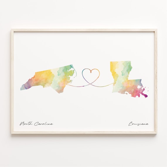 North Carolina Louisiana Watercolor Map Long Distance Heart Poster