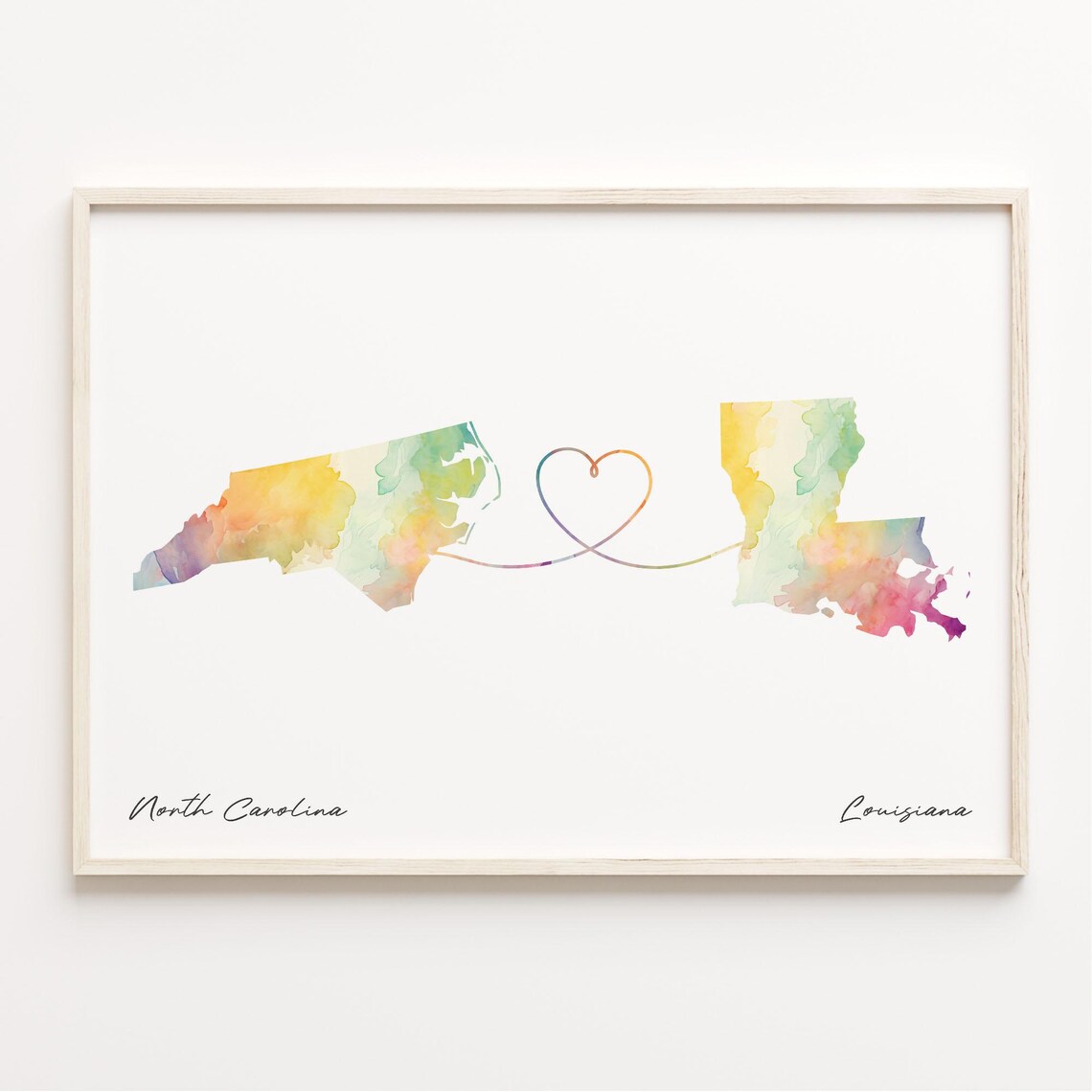 North Carolina Louisiana Watercolor Map Long Distance Heart Poster