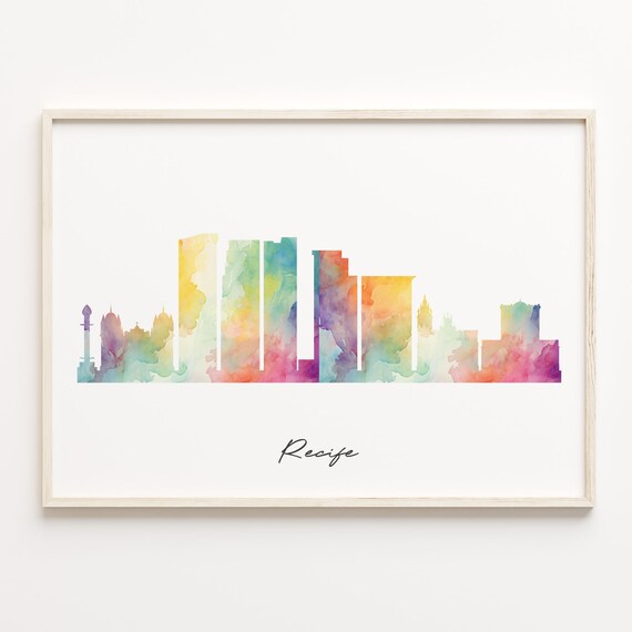 Recife Brazil Watercolor Skyline Cityscape Rainbow Silhouette Poster