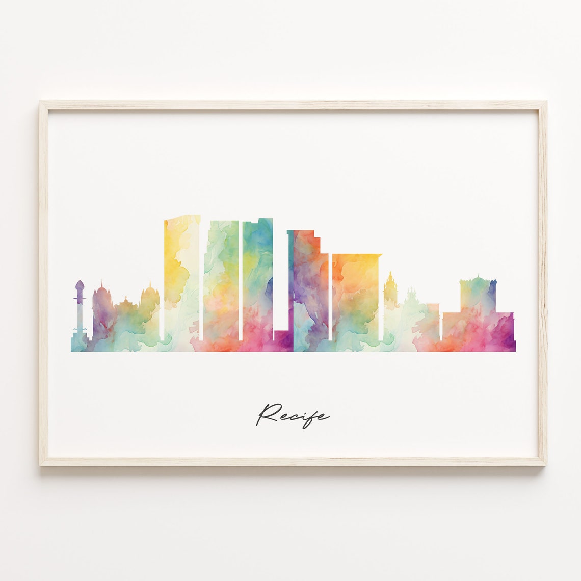 Recife Brazil Watercolor Skyline Cityscape Rainbow Silhouette Poster