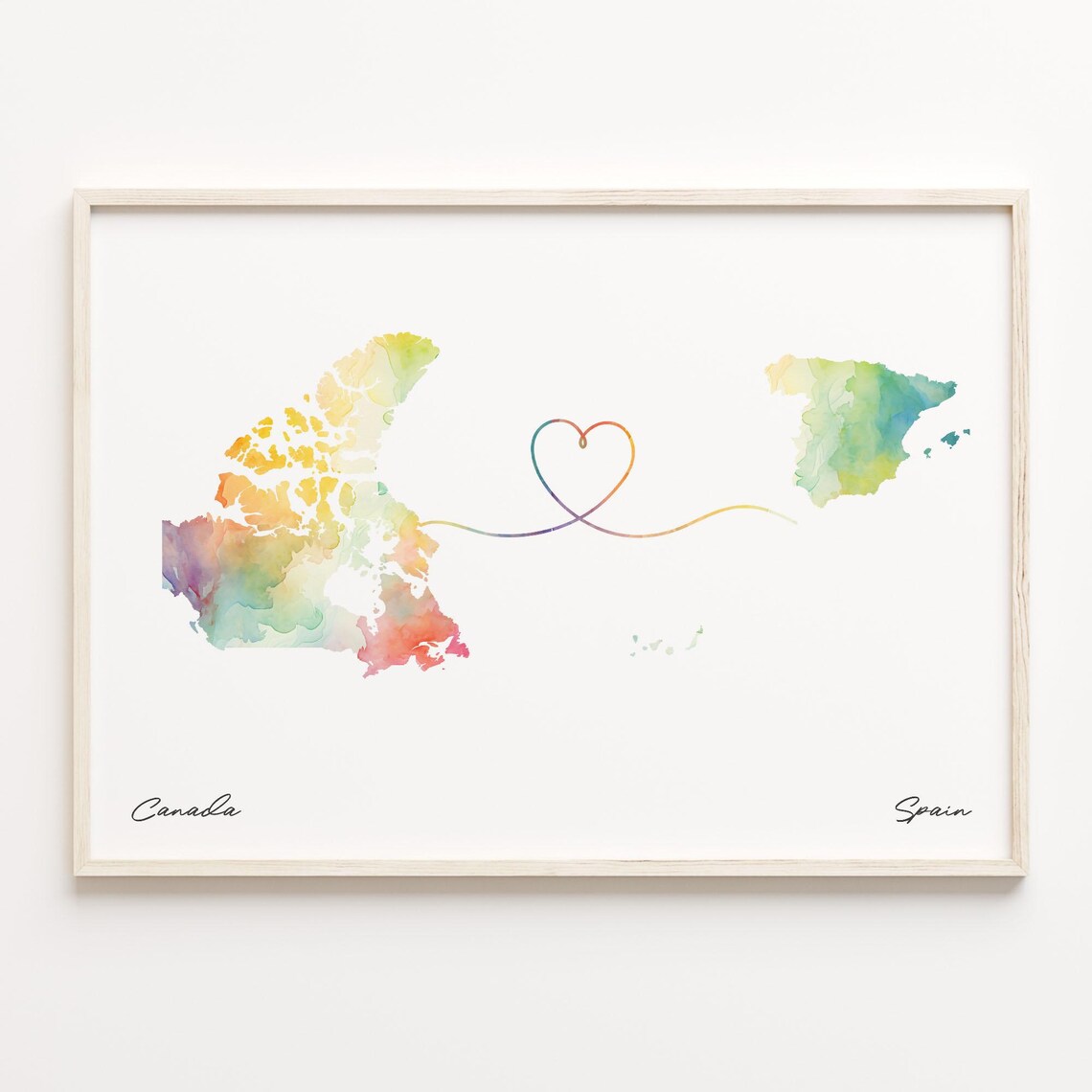 Canada to Spain Watercolor Map Heart Connection Travel Poster