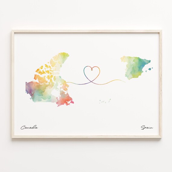 Canada to Spain Watercolor Map Heart Connection Travel Poster