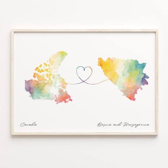 Canada to Bosnia and Herzegovina Heart Map Long Distance Poster