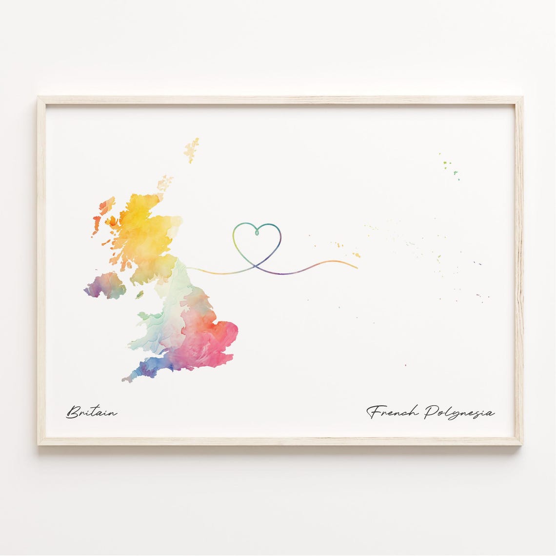 Britain To French Polynesia Watercolor Map Print Heart Line Farewell