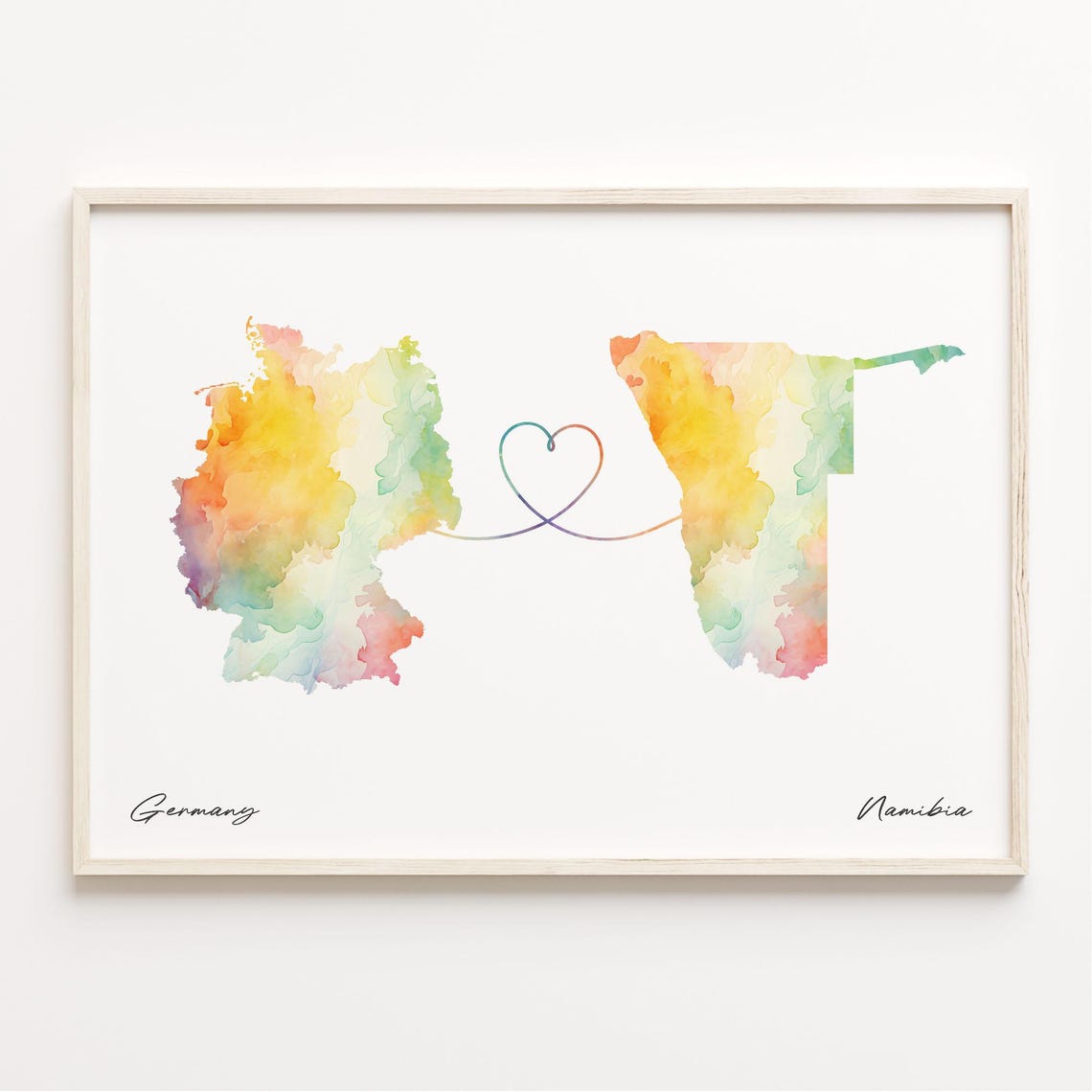 Germany To Namibia Heart Loop Watercolor Map Couples Gift Poster