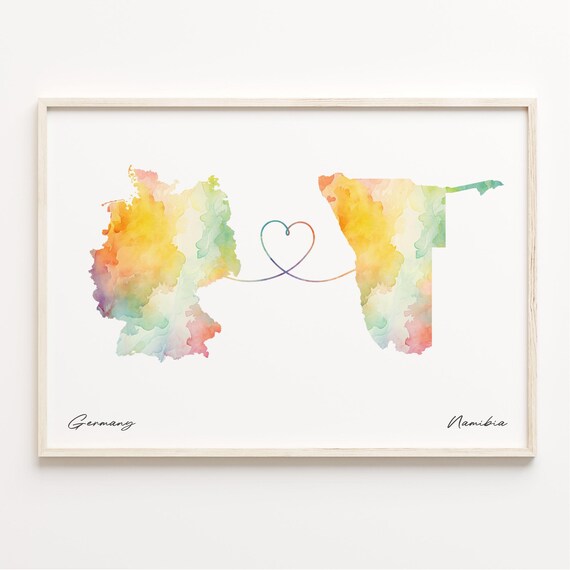 Germany To Namibia Heart Loop Watercolor Map Couples Gift Poster