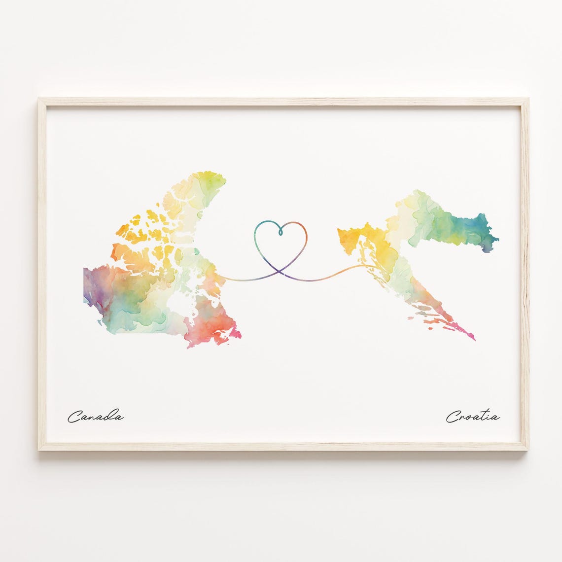 Canada Croatia Watercolor Heart Map Long Distance Love Gift Wall Art