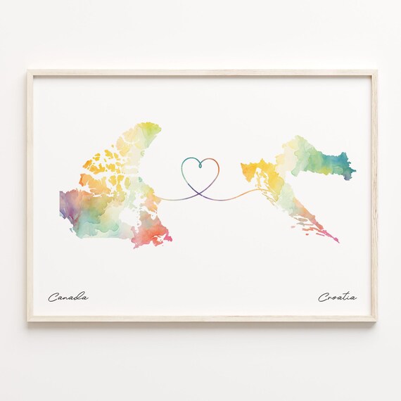 Canada Croatia Watercolor Heart Map Long Distance Love Gift Wall Art