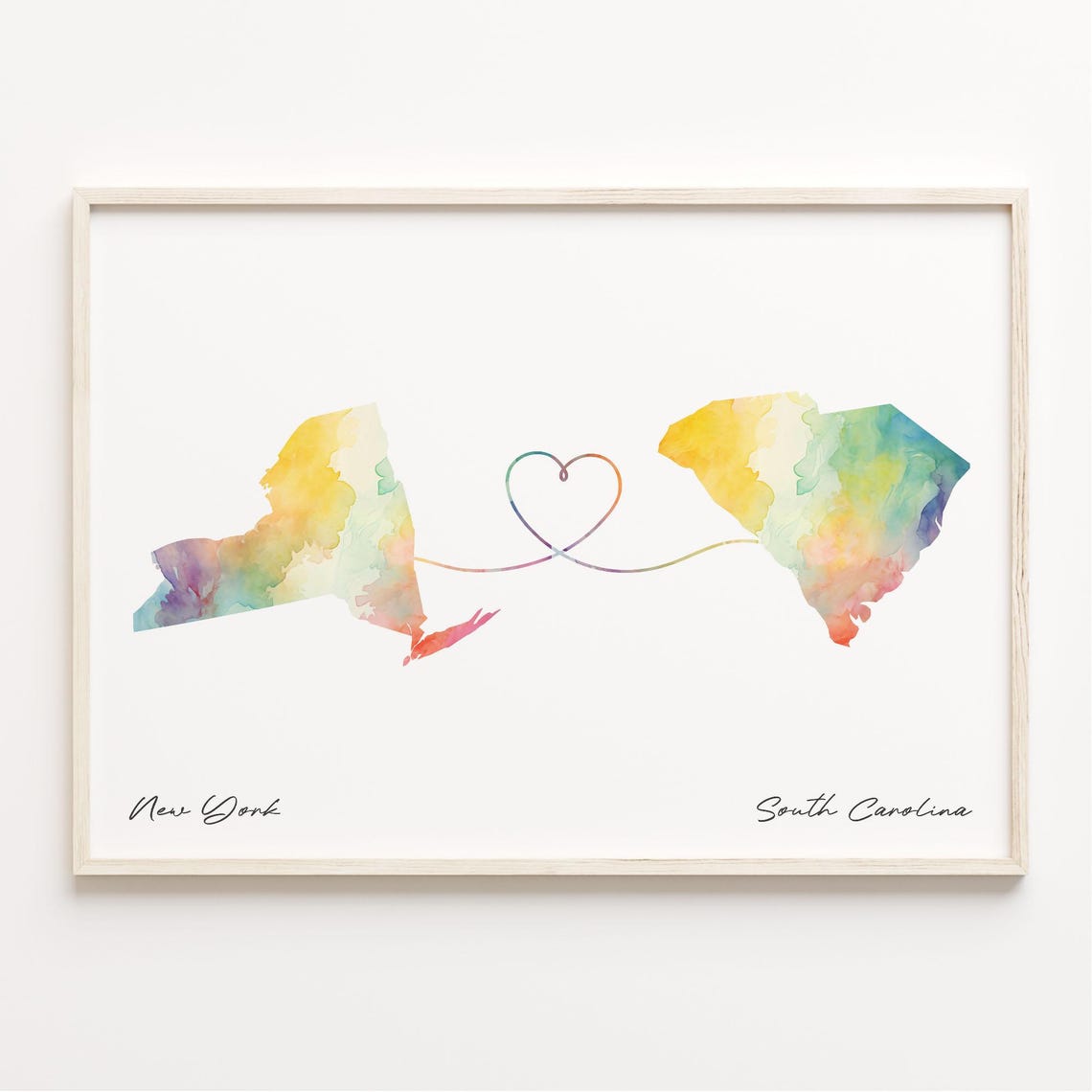 New York to South Carolina Long Distance Love Heart States Map Poster