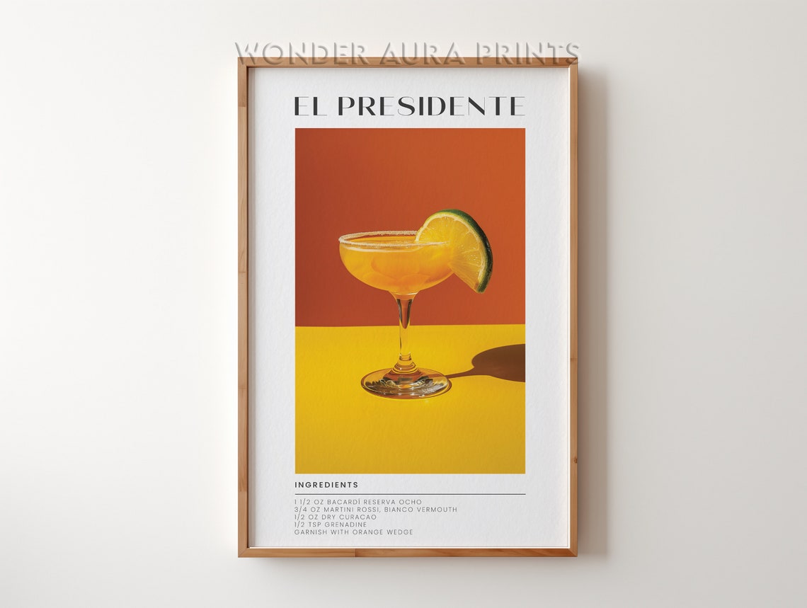 El Presidente Classic Rum Cocktail Recipe Vintage Bar Poster