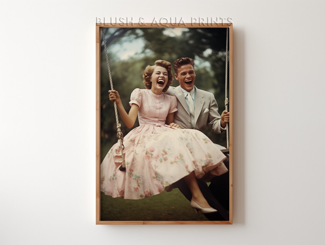 Vintage 1950s Couple Laughing Together on Garden Swing Retro Print