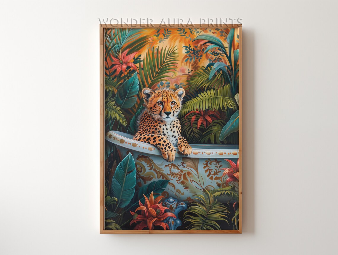 Cheetah In Bathtub Maximalist Bathroom Decor Dopamine Jungle Wall Wonder Aura Prints