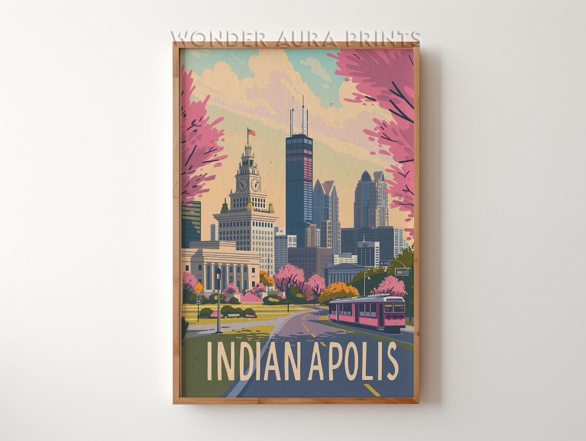 Indianapolis Vintage Skyline Streetcar Retro City Travel Poster