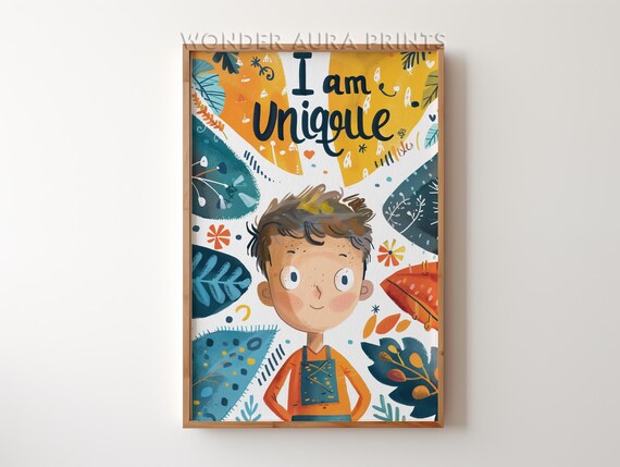 I Am Unique Cheerful Boy Classroom Self Esteem Kids Decor Poster