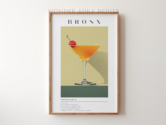 Bronx Classic Cocktail Recipe Sage Green Martini Glass Bar Cart Poster