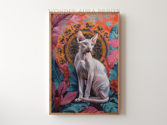 Sphynx Cat Sitting Among Colorful Tropical Leaves Botanical Poster