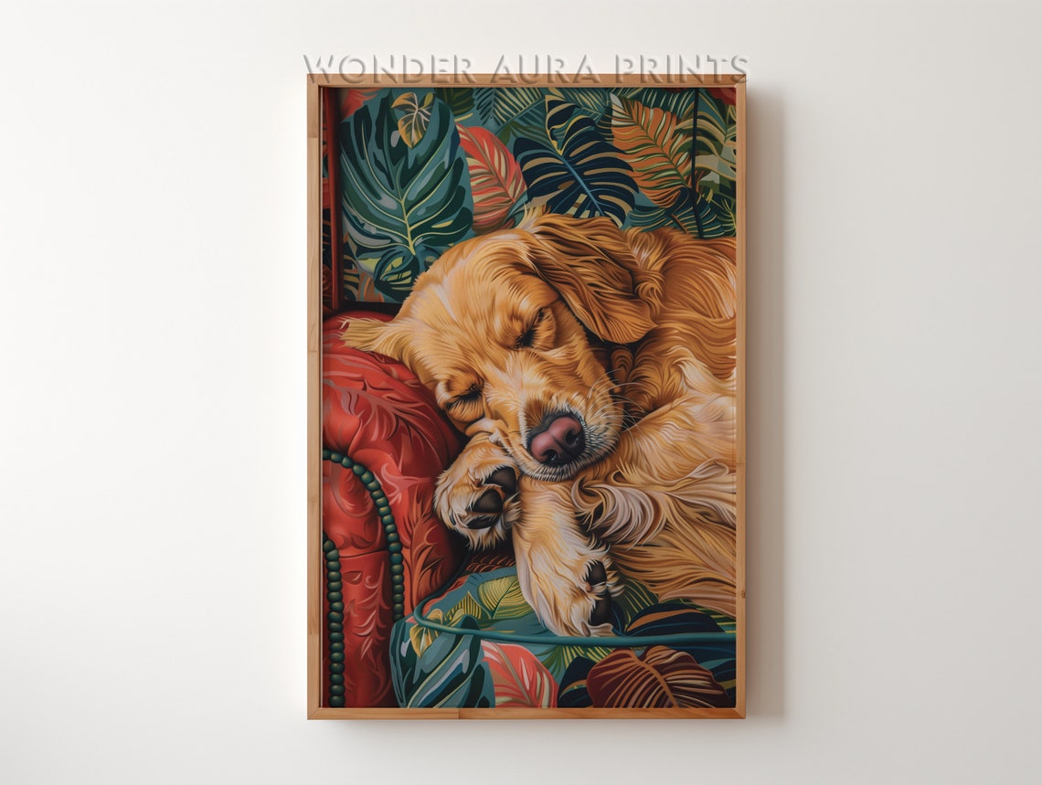 Sleeping Golden Retriever Resting On Tropical Sofa Dog Wall Art