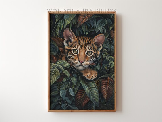 Wild Big Cat Cub Peeking Through Dark Jungle Leaves Wildlife Poster