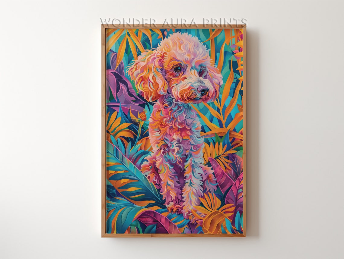 Colorful Poodle Puppy In Tropical Jungle Leaves Maximalist Art Poster