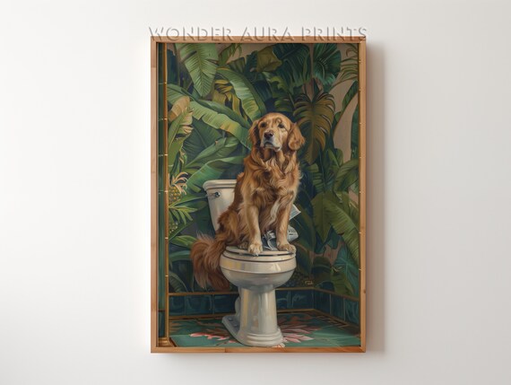 Funny Bathroom Art Golden Retriever Sitting On Toilet Dopamine Decor Maximalist Jungle Wall Wonder Aura Prints