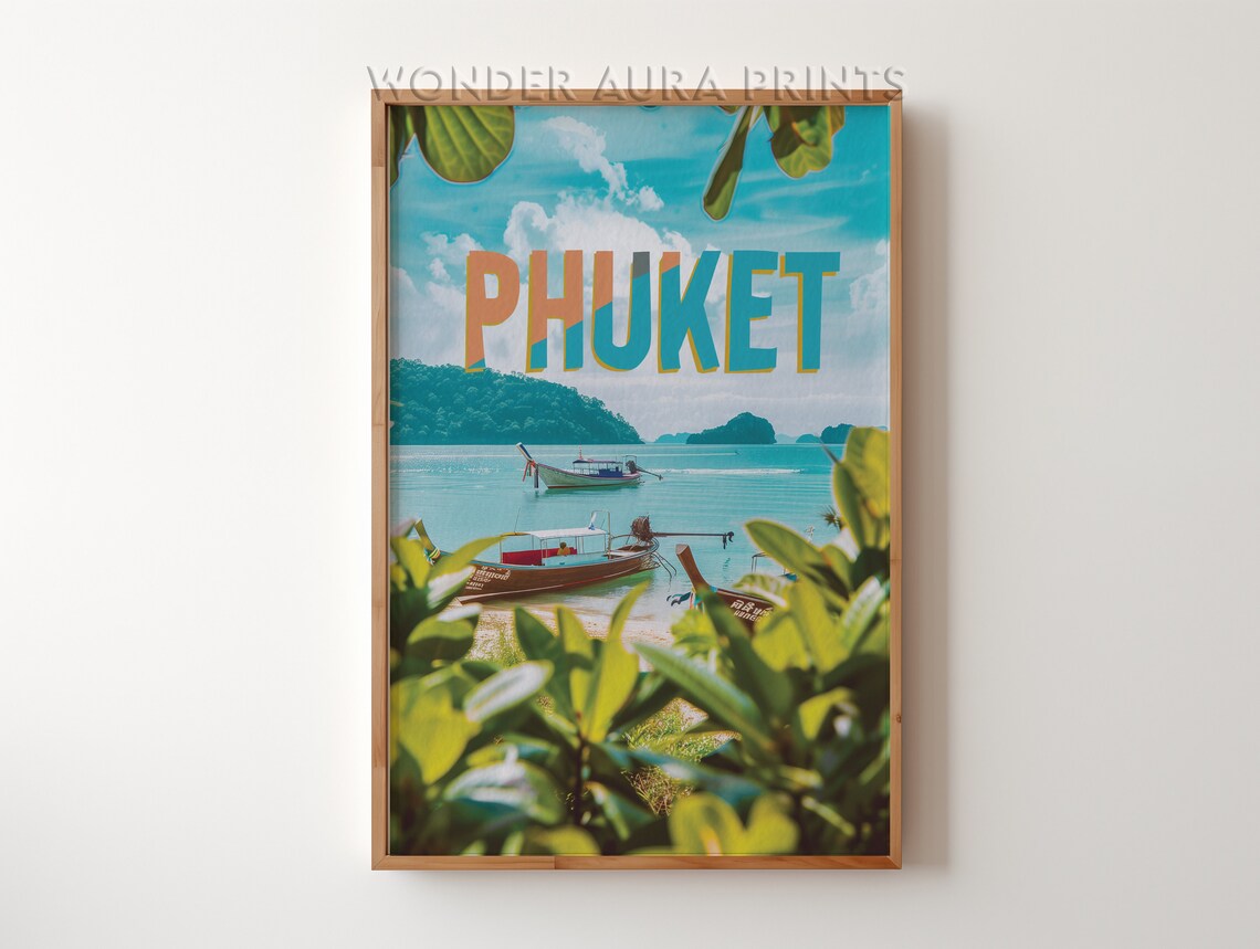 Phuket Thailand Longtail Boats on Turquoise Bay Retro Travel Poster