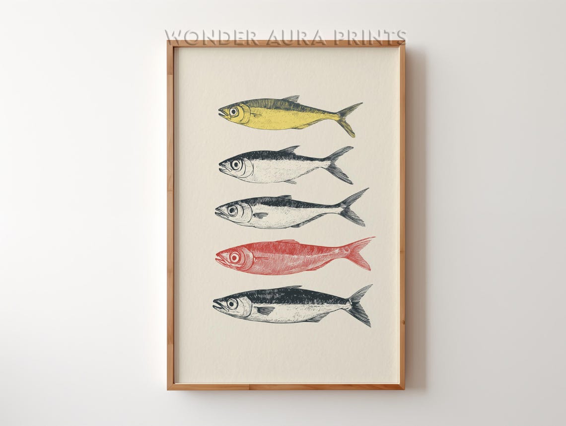 Five Sardine Fish Row Vintage Engraving Coastal Kitchen Print