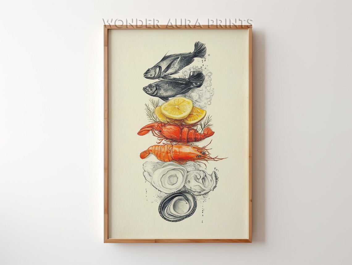 Watercolor Seafood Illustration Lobster Oysters Kitchen Art Poster