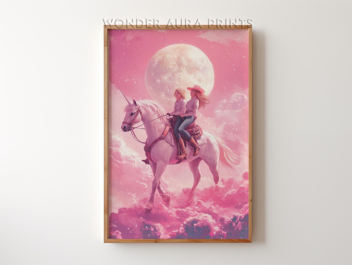 Cowgirls Riding White Unicorn Under Pink Moon Fantasy Poster