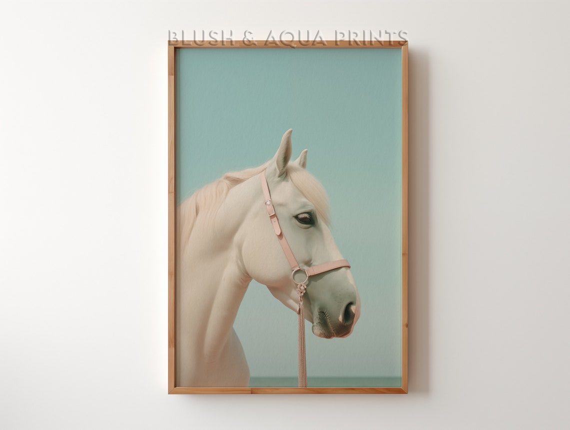 White Horse with Pink Bridle on Soft Teal Minimalist Art Print