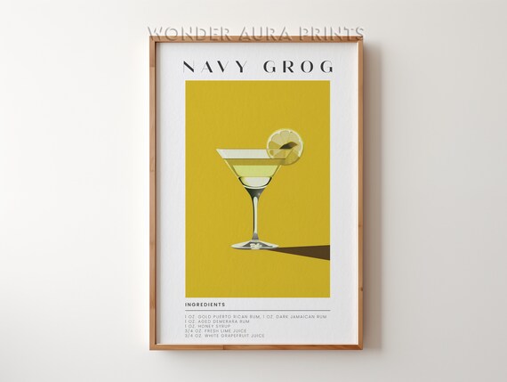 Navy Grog Rum Cocktail Recipe Illustration On Mustard Bar Print