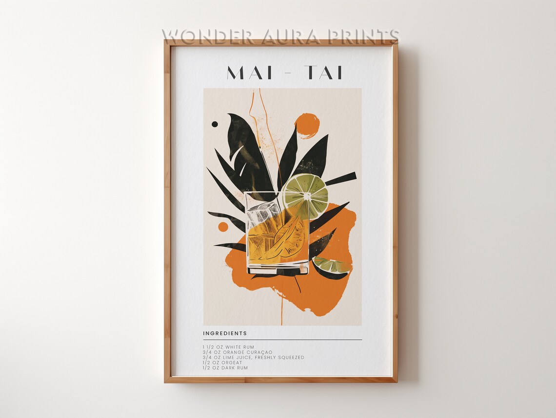 Tropical Mai Tai Cocktail Recipe Botanical Tiki Bar Art Print