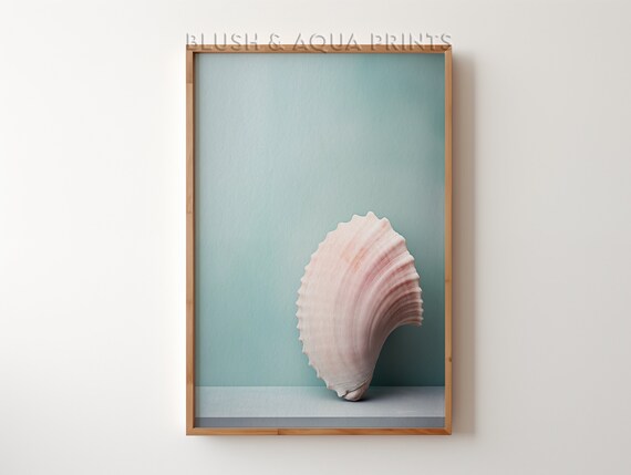 Blush Pink Scallop Shell Minimalist Coastal Aqua Wall Poster