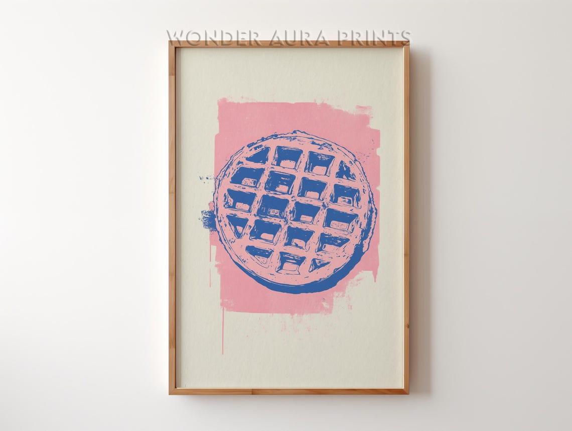 Retro Waffle Illustration In Pink And Blue Kitchen Art Print