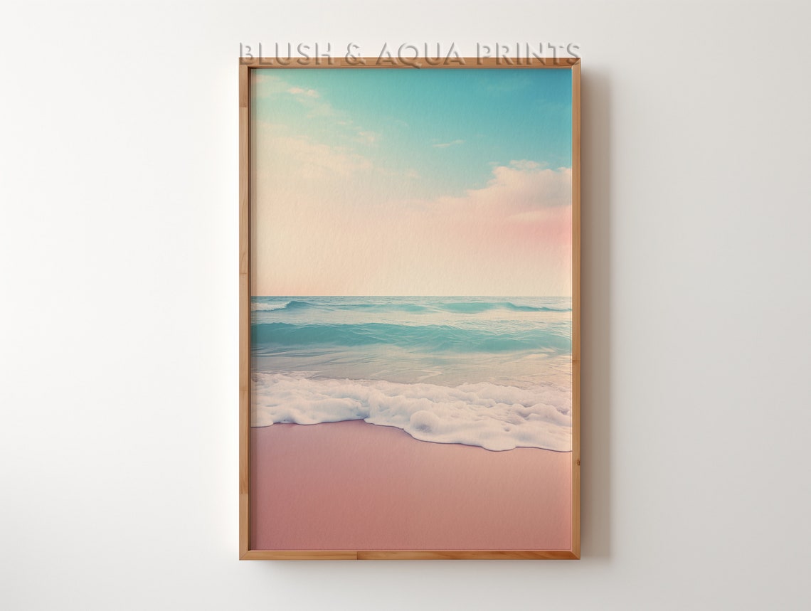 Pastel Sunset Ocean Waves Over Pink Sand Beach Photography Poster