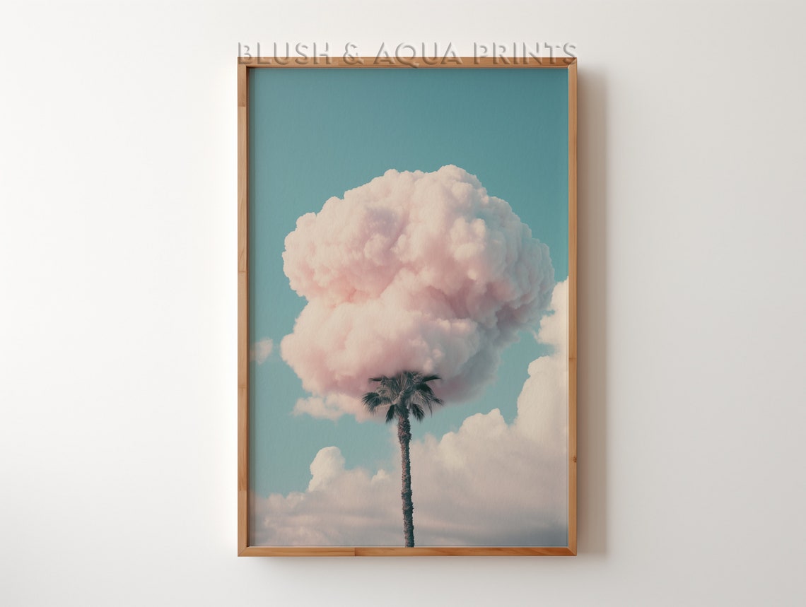 Palm Tree Pink Cloud Dreamy Coastal Pastel Skyline Scenery Wall Art