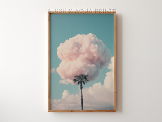 Palm Tree Pink Cloud Dreamy Coastal Pastel Skyline Scenery Wall Art