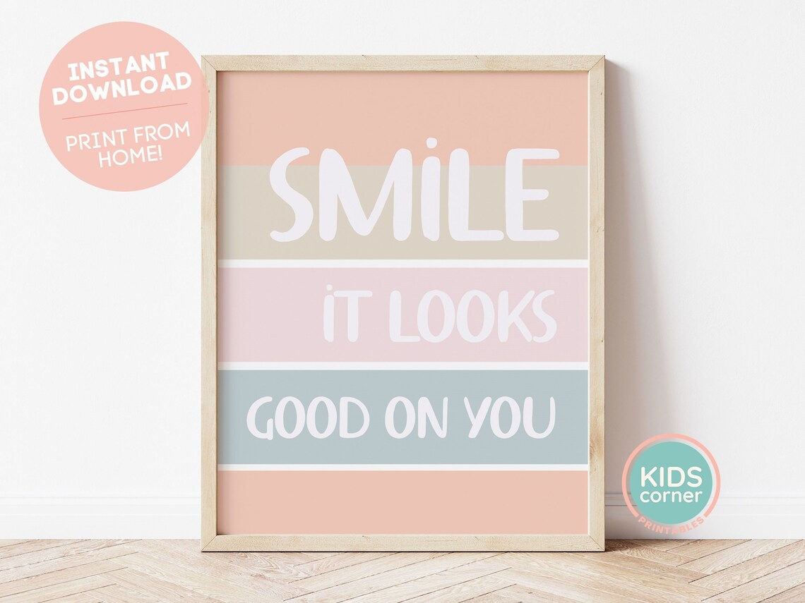Smile It Looks Good On You Pastel Stripes Kids Room Quote Poster