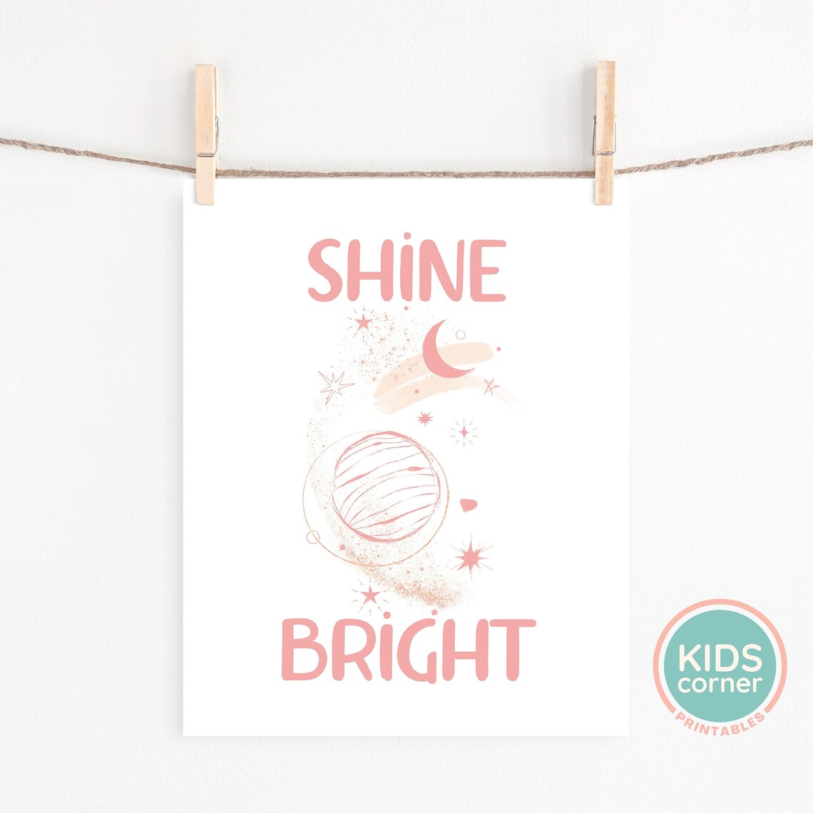 Shine Bright Blush Pink Planet Moon Stars Space Nursery Poster - Image 2