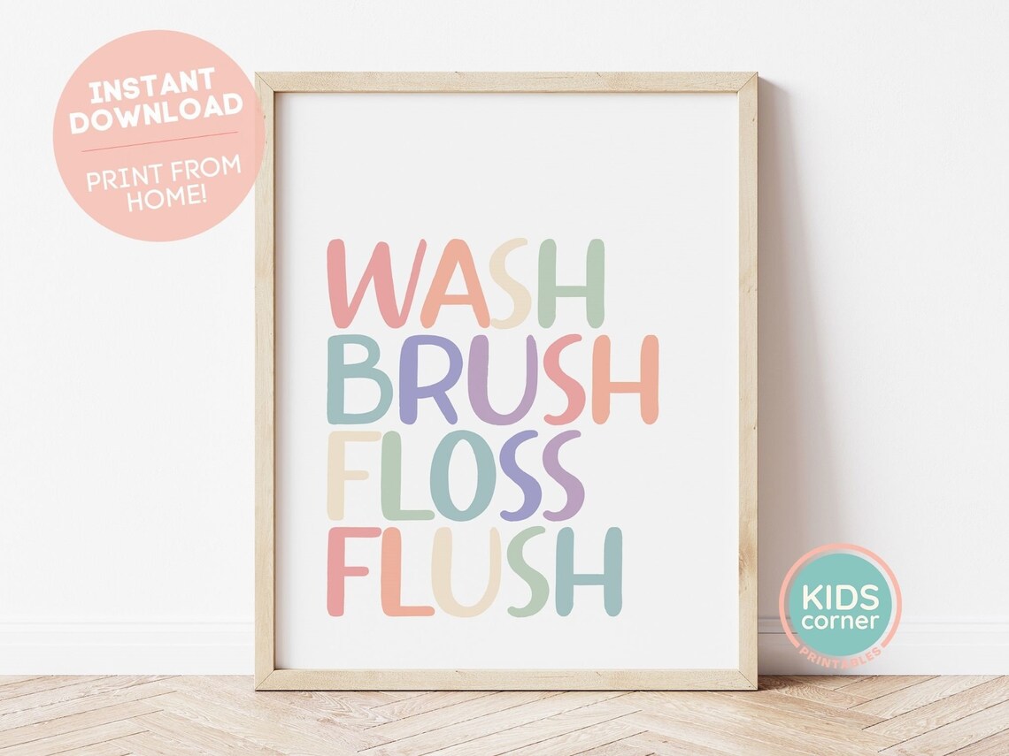 Wash Brush Floss Flush Pastel Letters Kids Bathroom Habit Poster