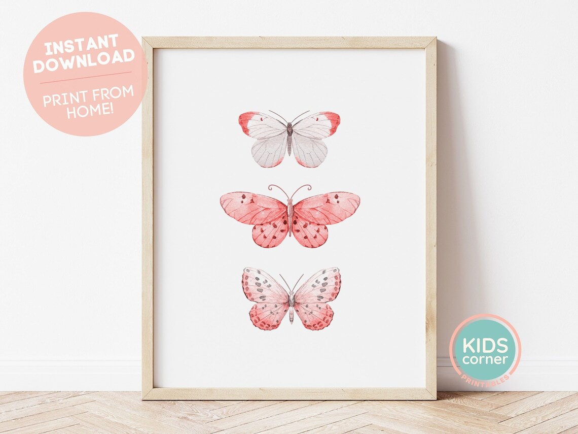 Pink Watercolor Butterflies Poster Trio Nursery Girls Room Art