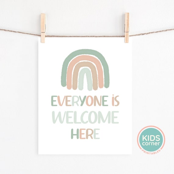 Everyone Is Welcome Here Rainbow Print Soft Boho Colors Quote Classroom Wall Nursery Kids Playroom