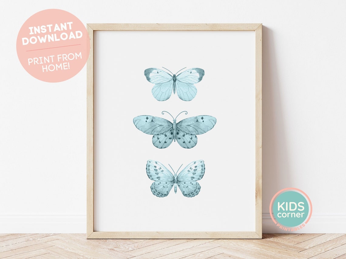 Blue Watercolor Butterfly Poster Trio Kids Room Nursery Design