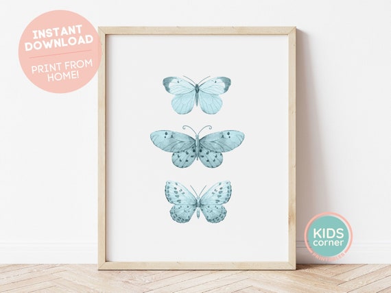 Blue Butterflies Blue Butterfly Print Butterfly Wall Art Watercolor Butterfly Decor Blue Kids Room Decor