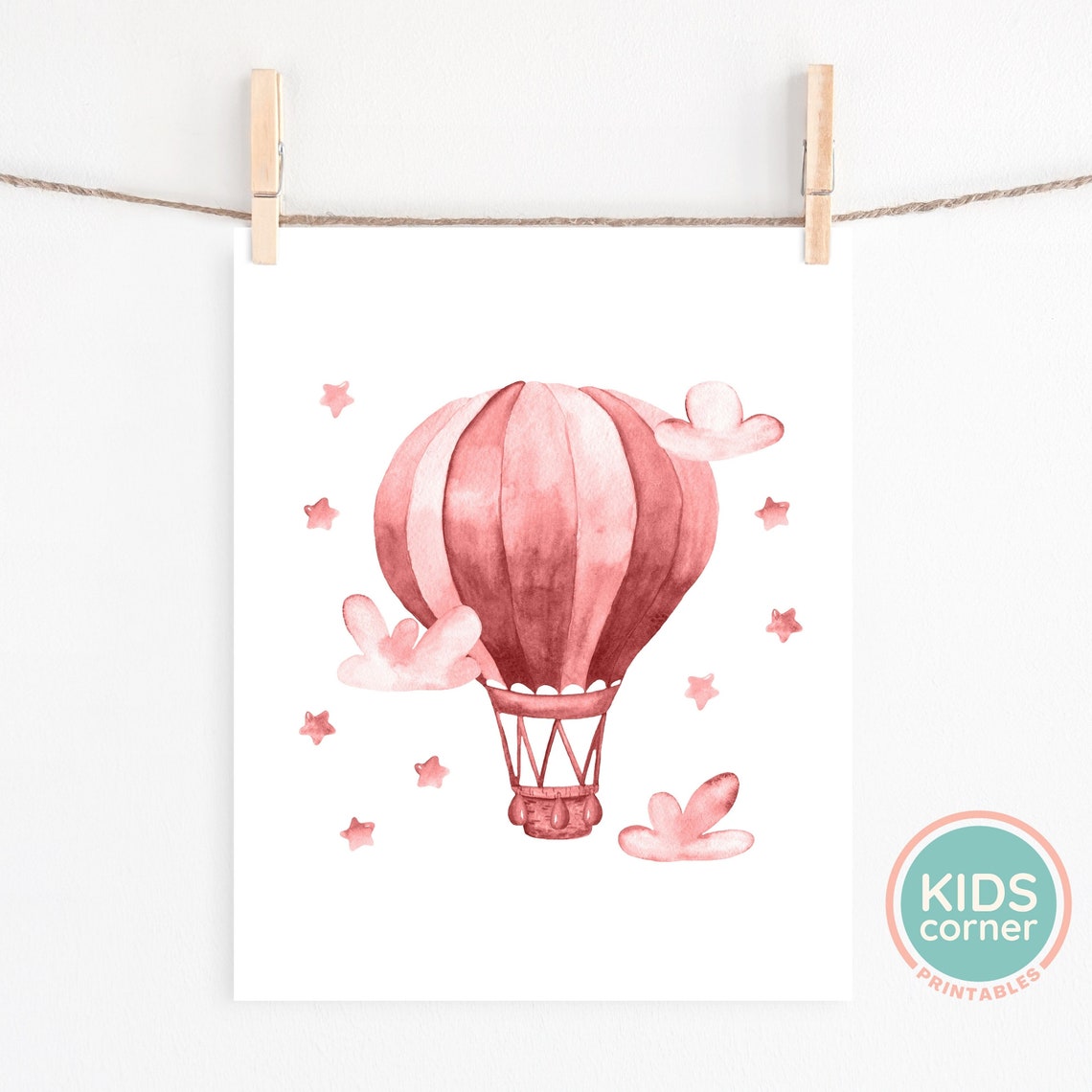 Pink Watercolor Hot Air Balloon Nursery Stars And Clouds Poster - Image 2