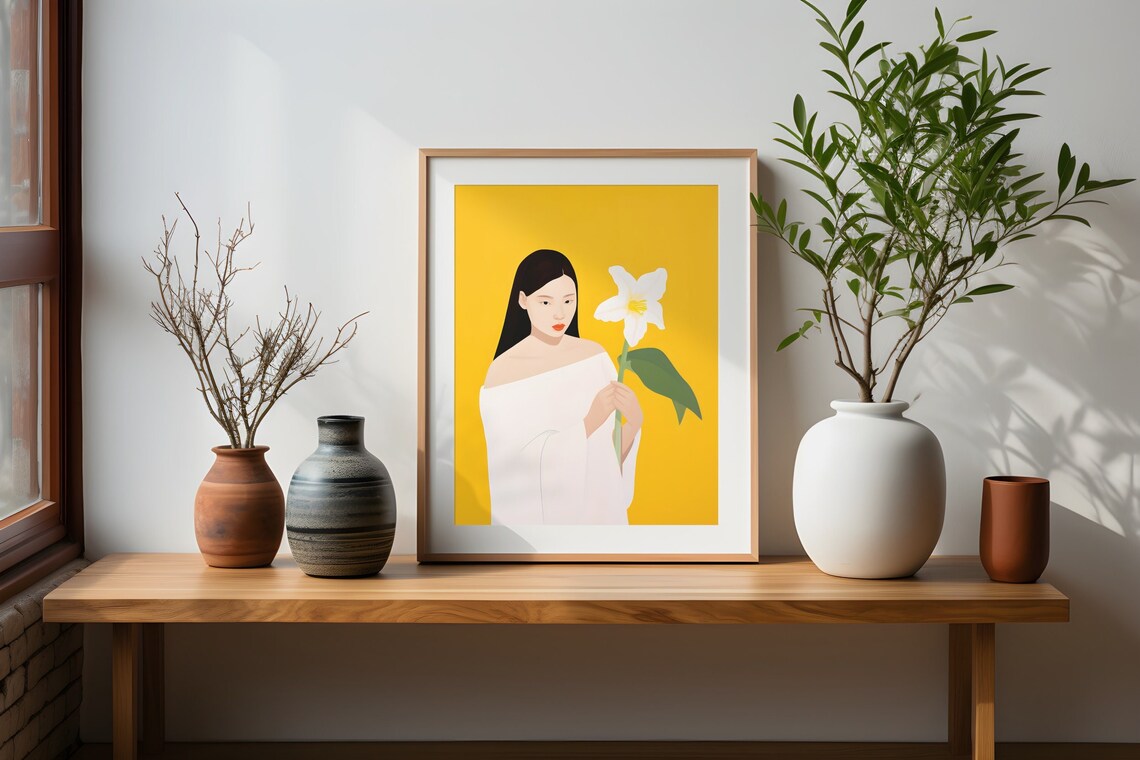 Minimalist Woman Holding White Daffodil Bold Yellow Floral Art Poster