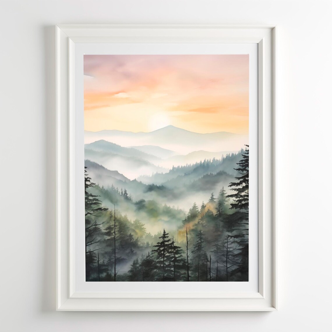 Smoky Mountain Watercolor Art Print, Sunset Mountains