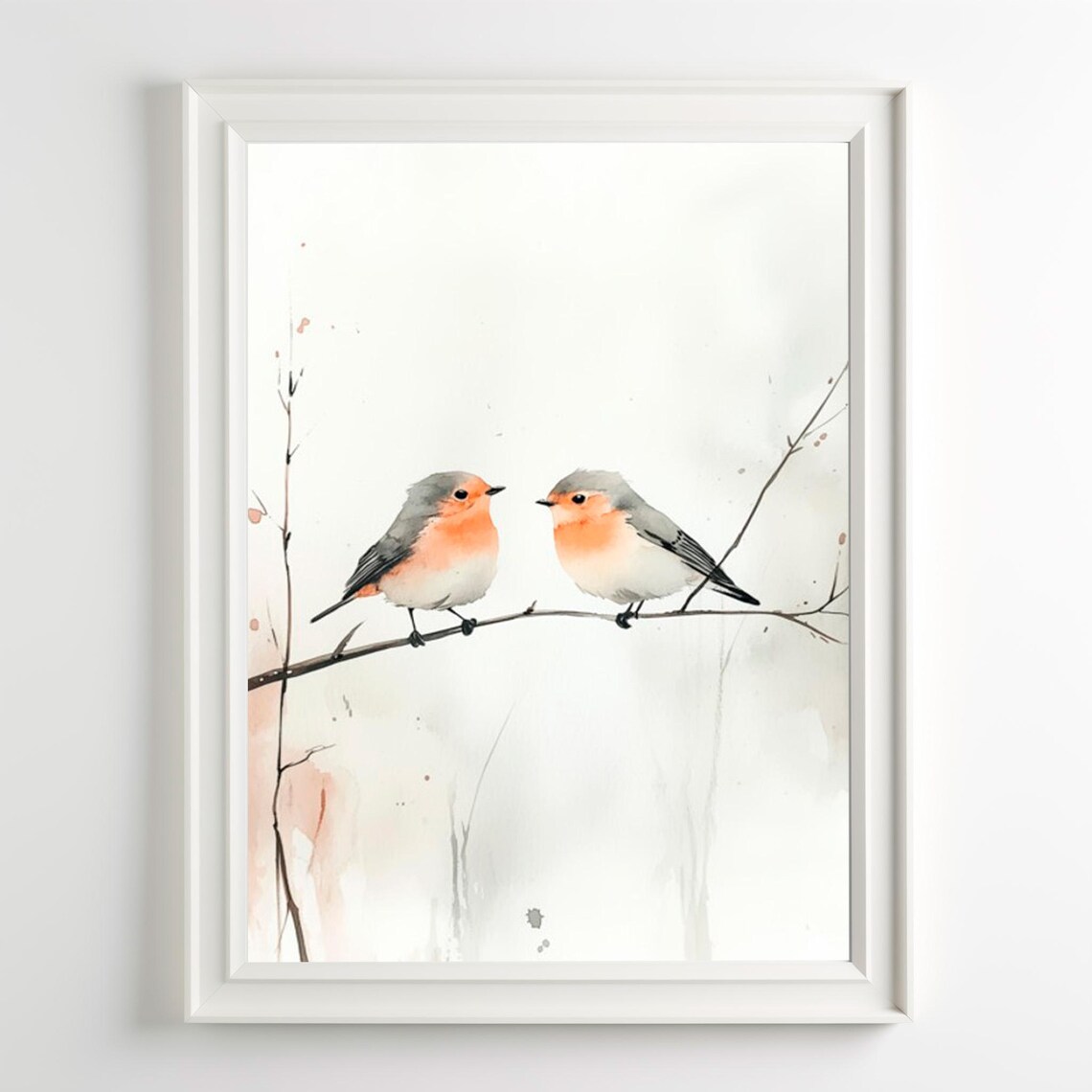 Couple Robin Watercolor Art Print, Minimalist Wall