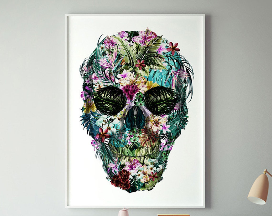 Tropical Skull Art Print, Vintage Floral Sugar